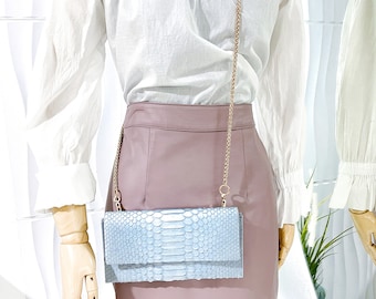 Python Leather Crossbody, Snakeskin Crossbody Bag, Python Leather Bag, Light Blue Leather Clutch