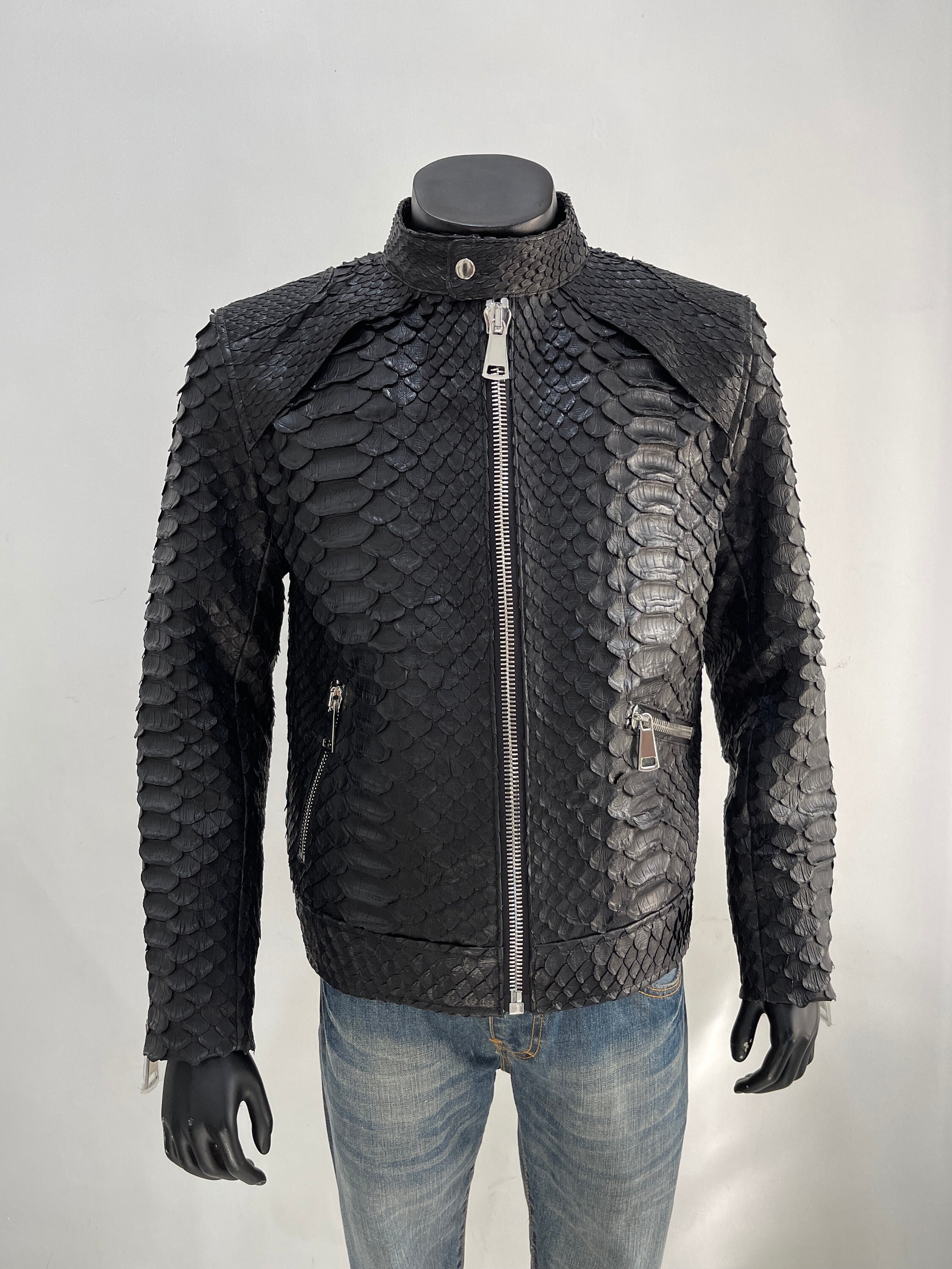 Men's Snakeskin Biker Jacket Black King Python Leather 