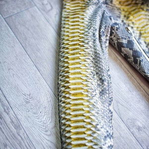 以下が含まれることがあります： ヘビ革のジャケットの袖のクローズアップ。 ジャケットは、グレー、イエロー、ホワイトの鱗模様です。 袖は角度がついており、素材の質感とデザインを示しています。 ジャケットにはジッパーと襟が付いています。