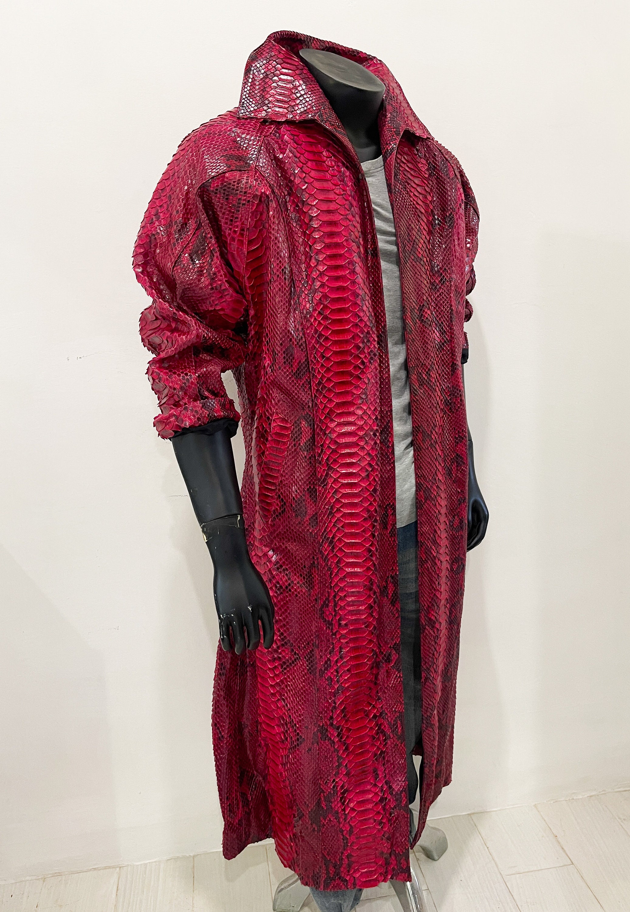 Man’s Snakeskin Coat, Dragon Python Leather Coat, Man’s Red Leather ...