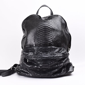 Snakeskin Backpack | Unisex Black Python Leather Backpack | Glossy Snakeskin Rucksack | Soft  Leather Backpack