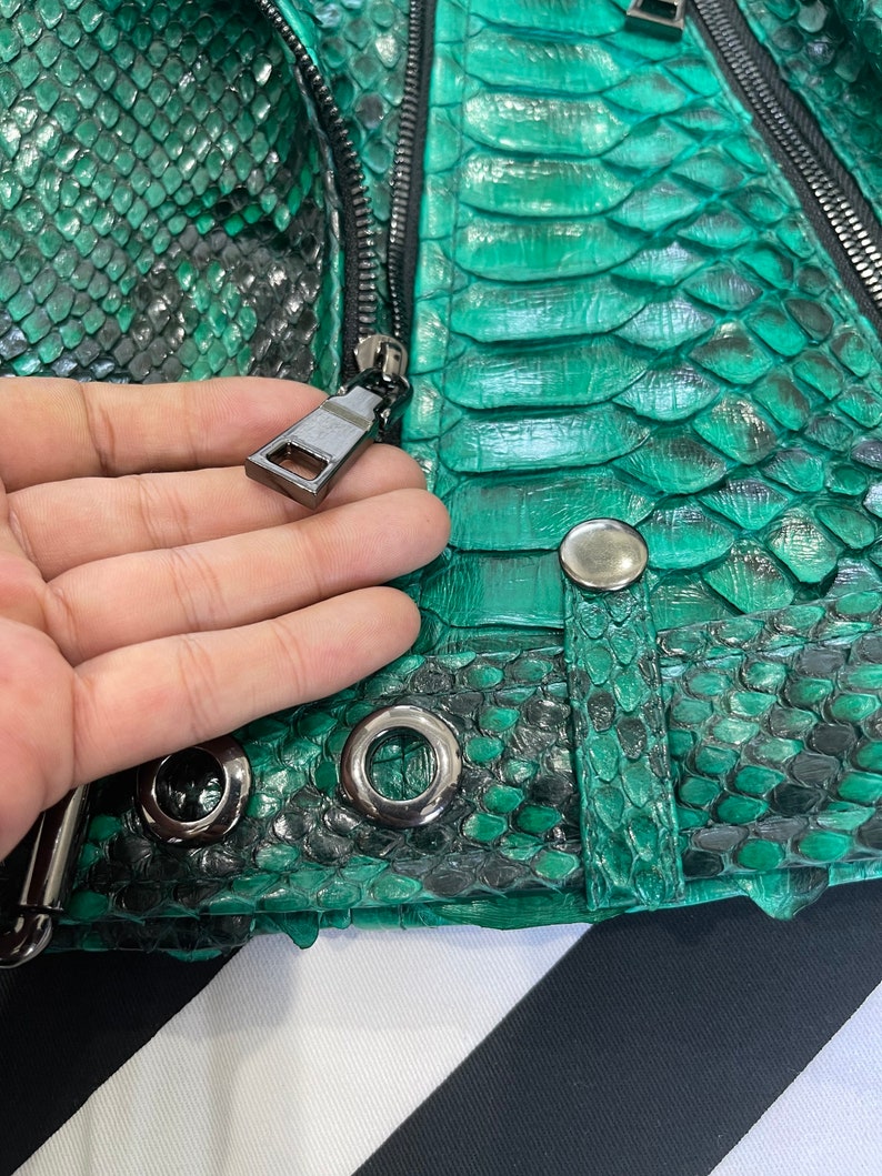 Green Snakeskin Jacket, Womens Python Leather,Biker Snakeskin Jacket, Emerald Leather Jacket image 5