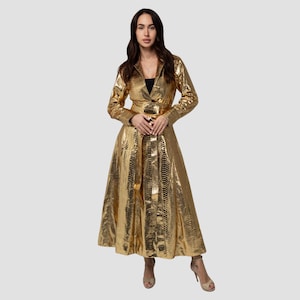 Woman’s Golden Snakeskin Coat, Python Leather Coat, Golden Python Leather Coat, Leather Long Coat, Women’s Leather Trench Coat