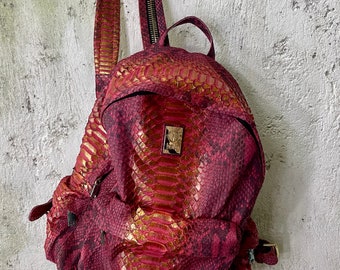 Snakeskin Backpack | Unisex Black Python Leather Backpack | Glossy Snakeskin Rucksack | Soft  Leather Backpack
