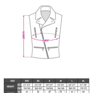 May include: A size chart for a vest, showing measurements in inches and centimetres for chest, height, and length. The chart includes sizes XXS through XL.