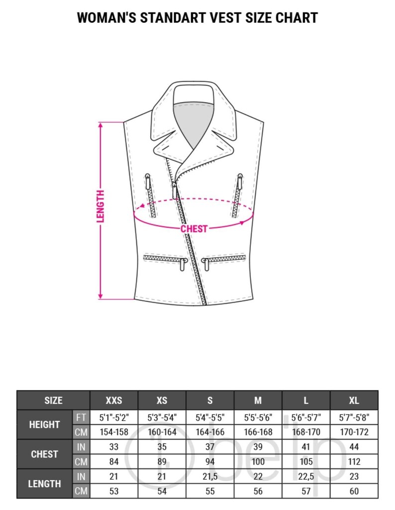 May include: A size chart for a vest, showing measurements in inches and centimetres for chest, height, and length. The chart includes sizes XXS through XL.