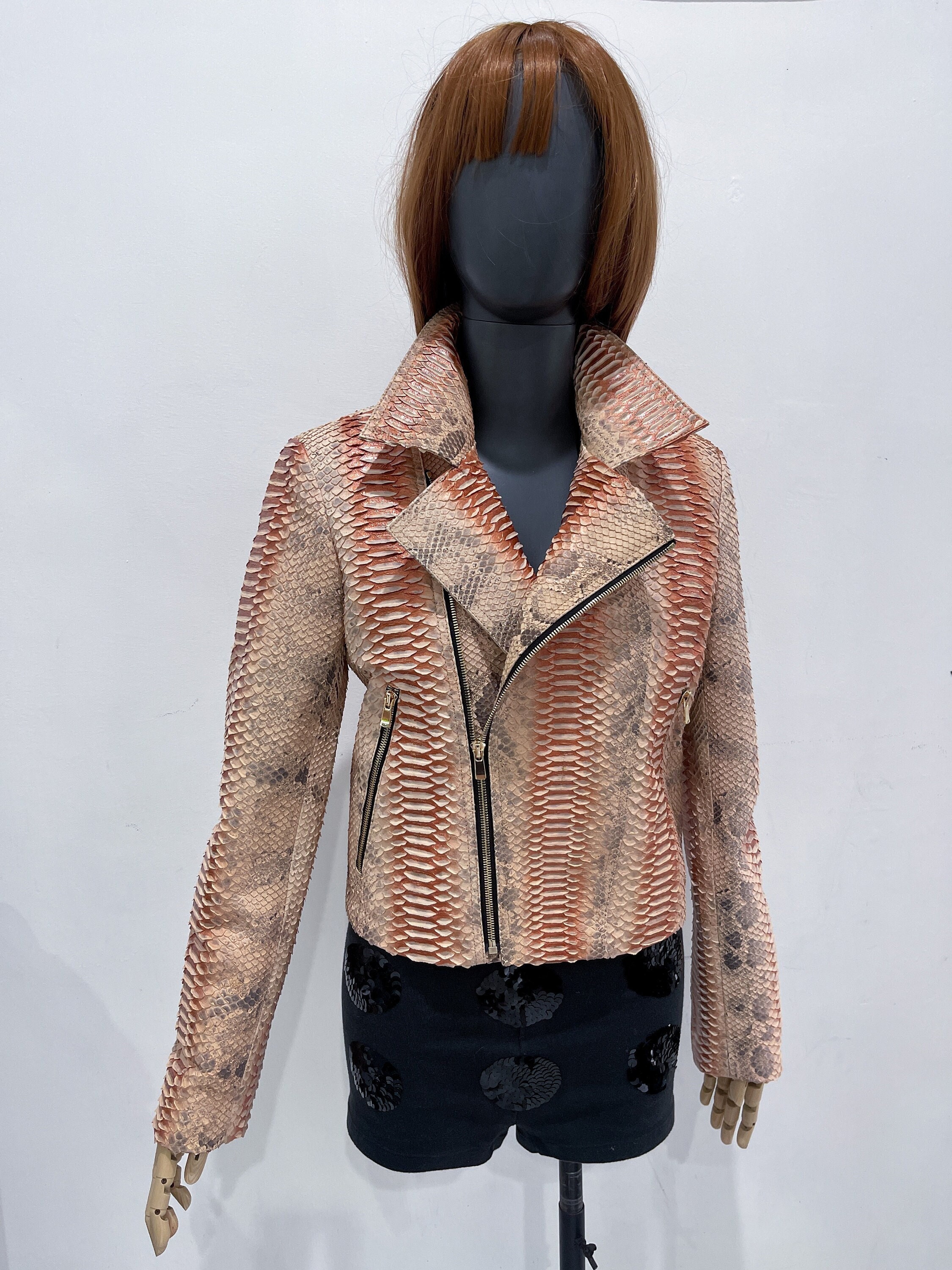 Snakeskin Custom Jacket, Bronze Python Biker Jacket, Woman's