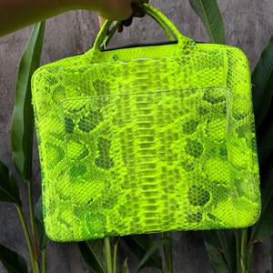 May include: A bright green snakeskin laptop bag with a top handle.