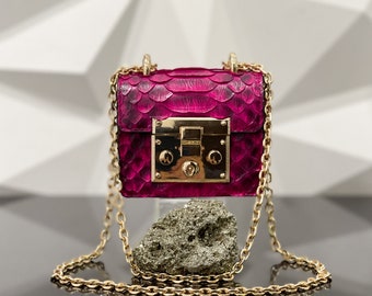 Pink Snakeskin Crossbody Bag, Python Leather Purse, Leather Crossbody, Leather Mini Bag, Pink Small Size Bag