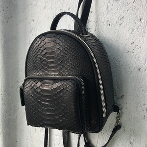 May include: A black leather backpack with a snakeskin pattern. The backpack has a zip closure and adjustable straps.