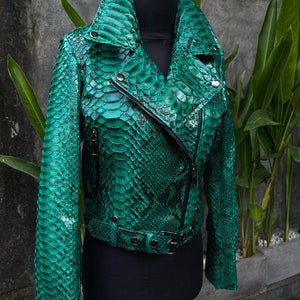 Green Snakeskin Jacket, Womens Python Leather,Biker Snakeskin Jacket, Emerald Leather Jacket image 2