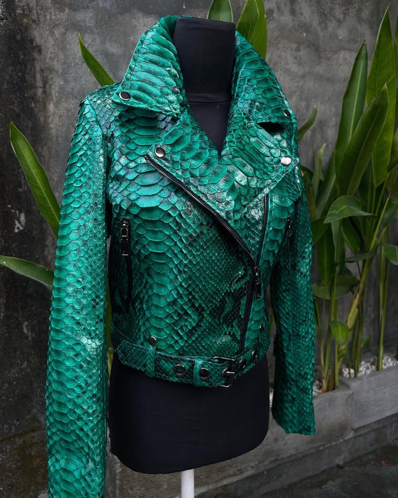 Green Snakeskin Jacket, Womens Python Leather,Biker Snakeskin Jacket, Emerald Leather Jacket image 2