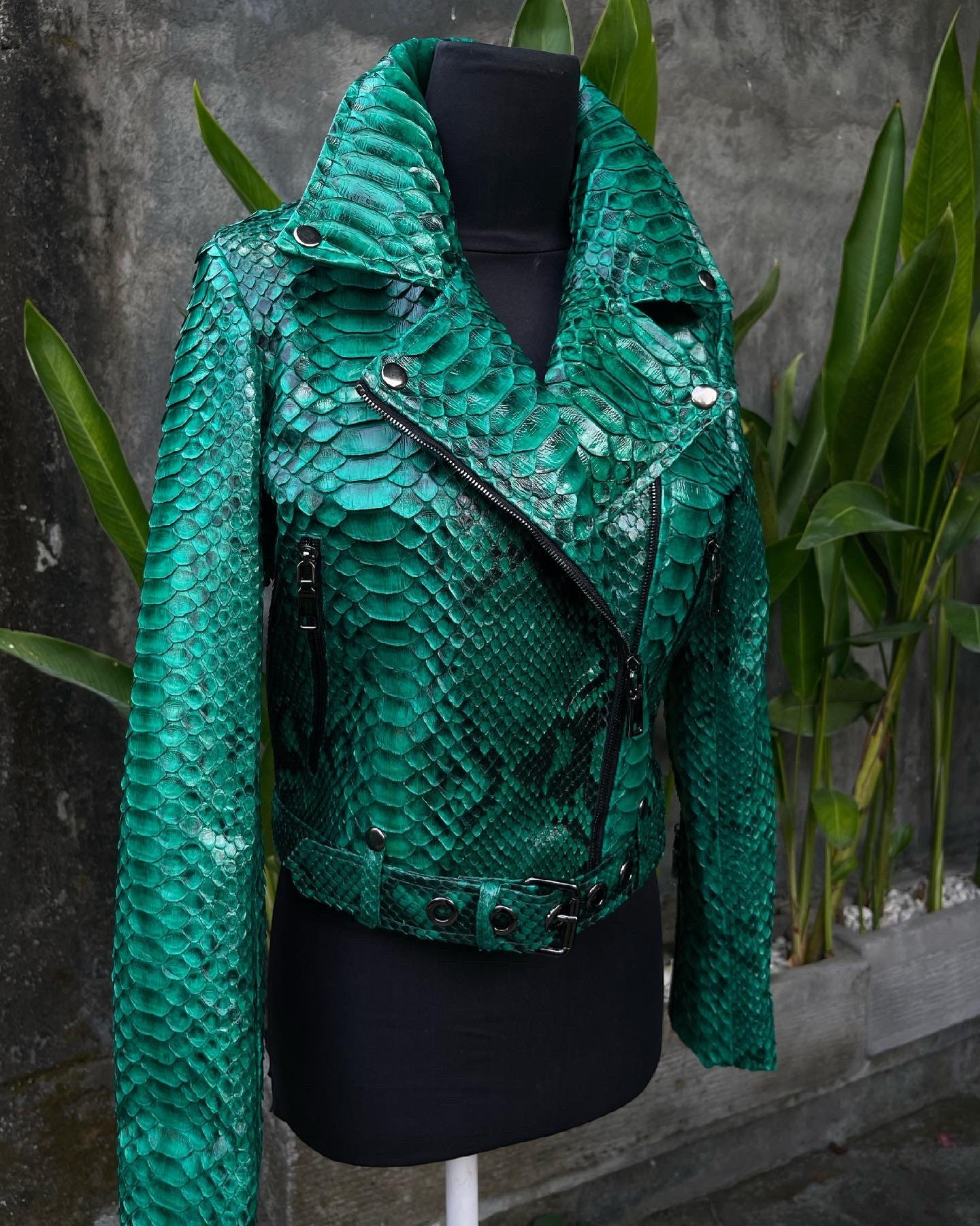 Men's Snake Print Leather Jacket in Moss Green - Arcane Fox M / Moss Green-#998D7F