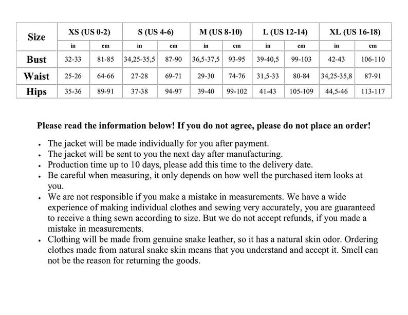 K&ouml;nnte beinhalten: Gr&ouml;&szlig;entabelle f&uuml;r eine Jacke aus echtem Schlangenleder. Die Tabelle zeigt die Ma&szlig;e in Zoll und Zentimetern f&uuml;r Brust, Taille und H&uuml;fte in den Gr&ouml;&szlig;en XS, S, M, L und XL. Die Tabelle enth&auml;lt auch Informationen &uuml;ber die Produktionszeit der Jacke und einen Hinweis auf den nat&uuml;rlichen Geruch der Haut.