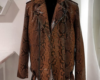 Custom Man’s Python Leather Biker Jacket, Snakeskin  Leather Jacket, Brown Leather Jacket For Man