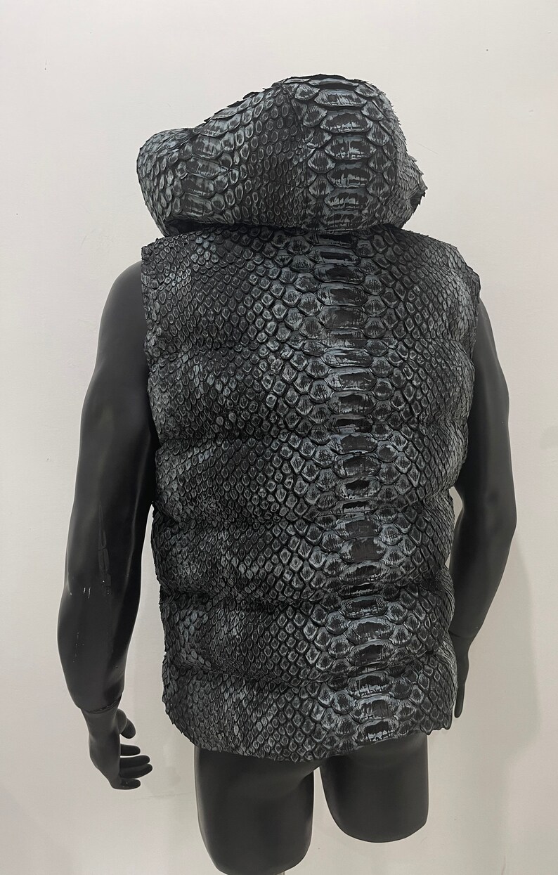 May include: A black puffer vest with a snakeskin pattern. The vest has a hood and is sleeveless.