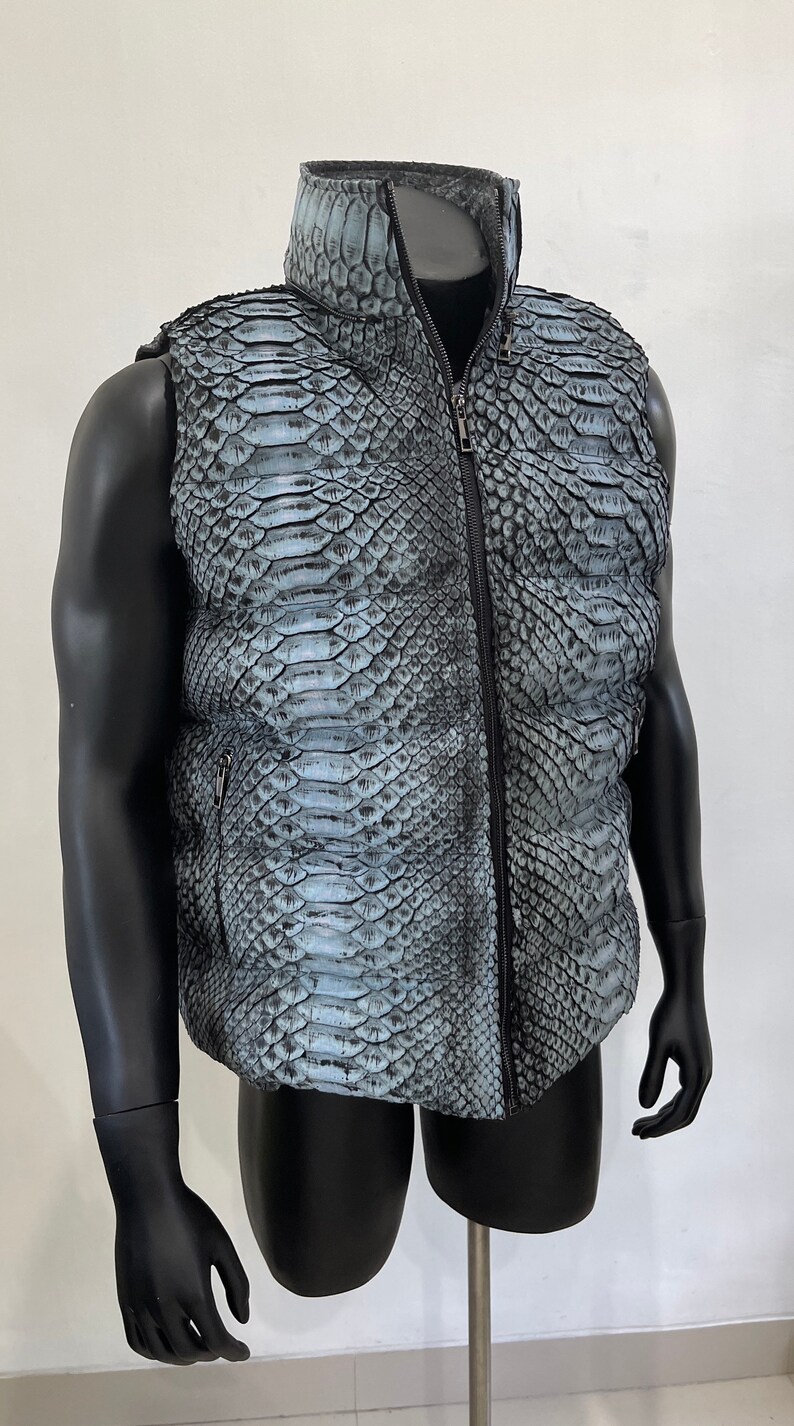May include: A gray snakeskin vest with a zipper closure. The vest has a stand-up collar and a quilted lining.