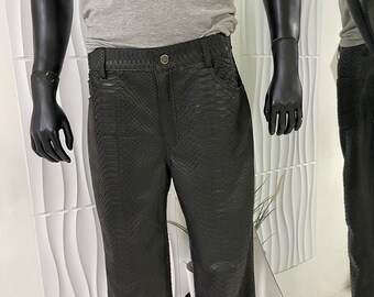 Python Leather Flared Pants, Snakeskin Pants, Black Leather