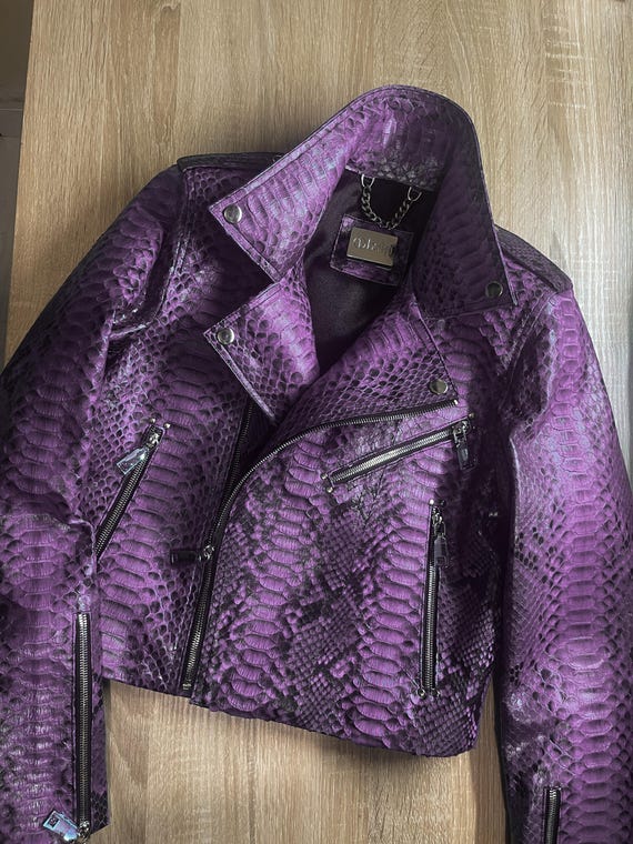Purple Snakeskin Jacket, Purple Python Leather Biker Jacket