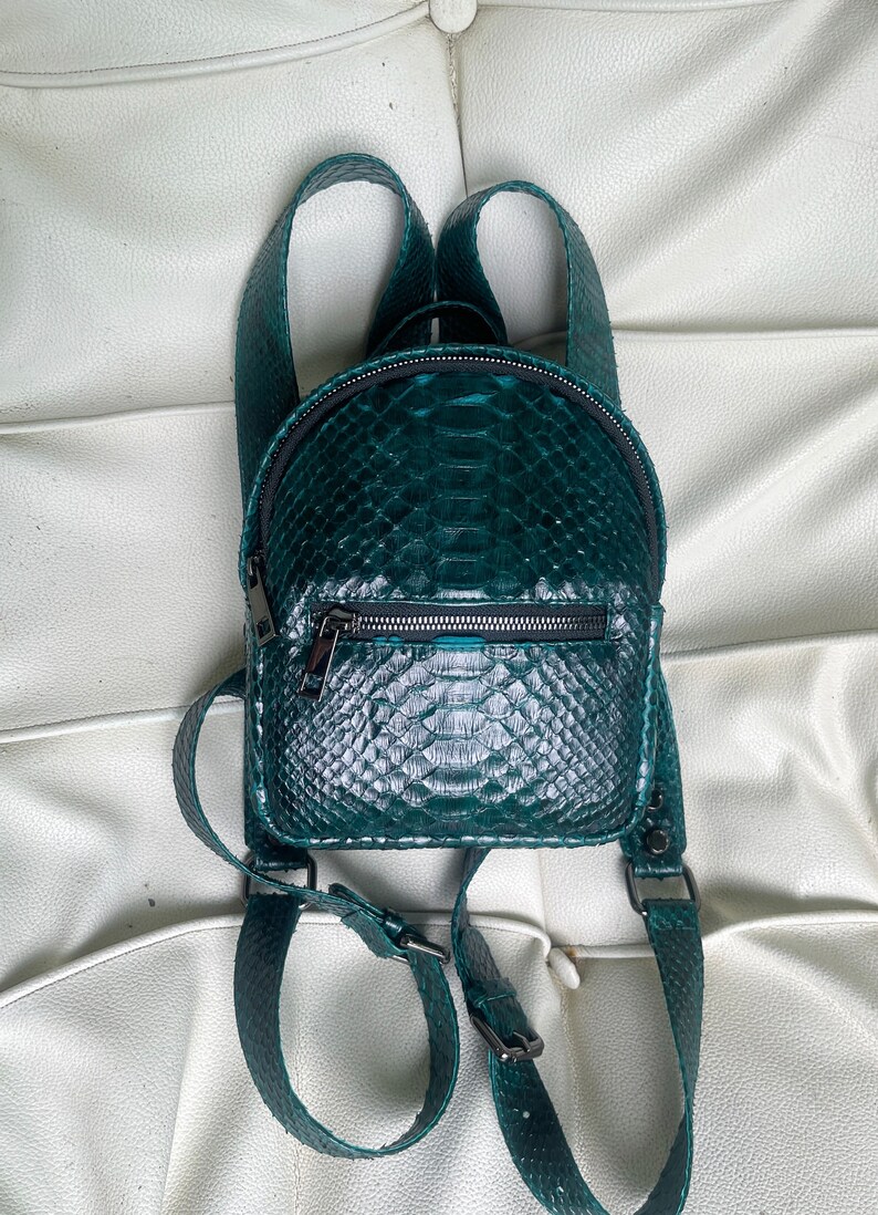 Peut inclure: Un petit sac &agrave; dos en cuir de serpent vert avec une fermeture &eacute;clair et des bretelles r&eacute;glables.