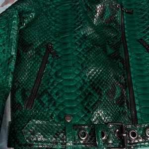 Green Snakeskin Jacket, Womens Python Leather,Biker Snakeskin Jacket, Emerald Leather Jacket image 8