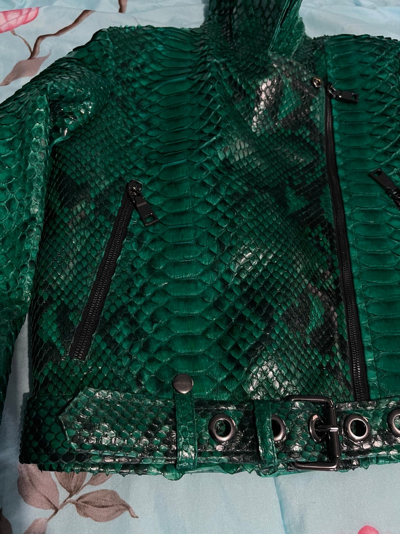 Green Snakeskin Jacket, Womens Python Leather,Biker Snakeskin Jacket, Emerald Leather Jacket image 8