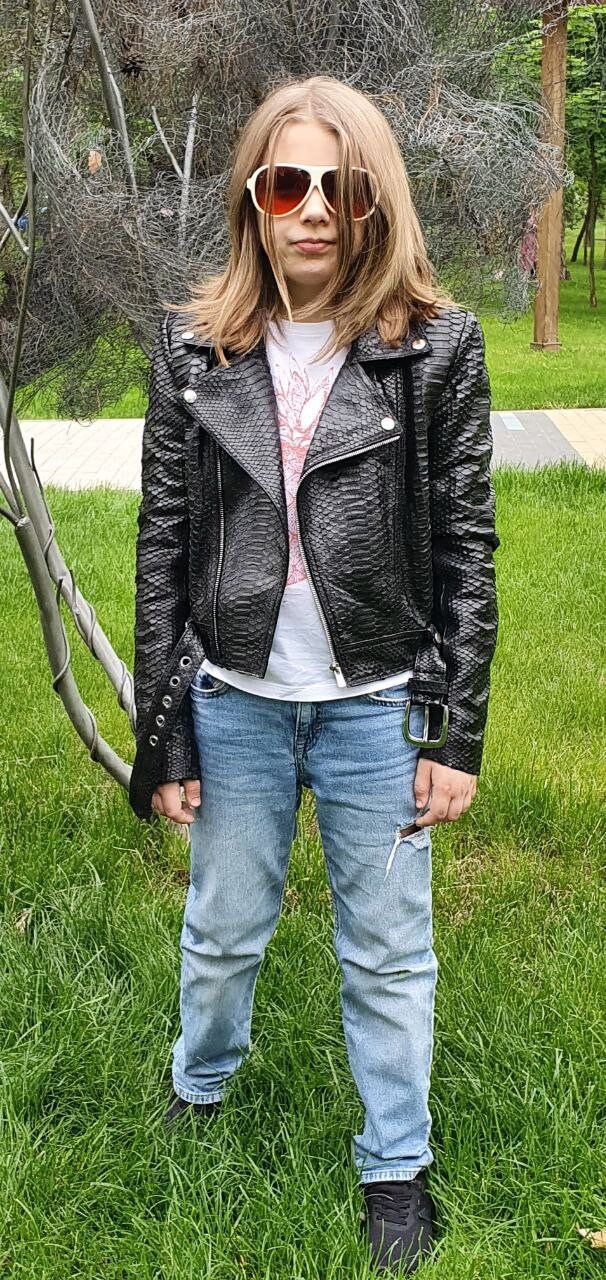 男の子用スネークスキンジャケット、子供用レザーバイカージャケット