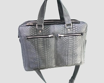 Snakeskin Briefcase, Python Leather Briefcase, Snakeskin Messenger Bag, Grey Leather Briefcase