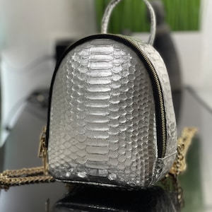 May include: A silver snakeskin backpack with a black zipper and a gold chain strap.