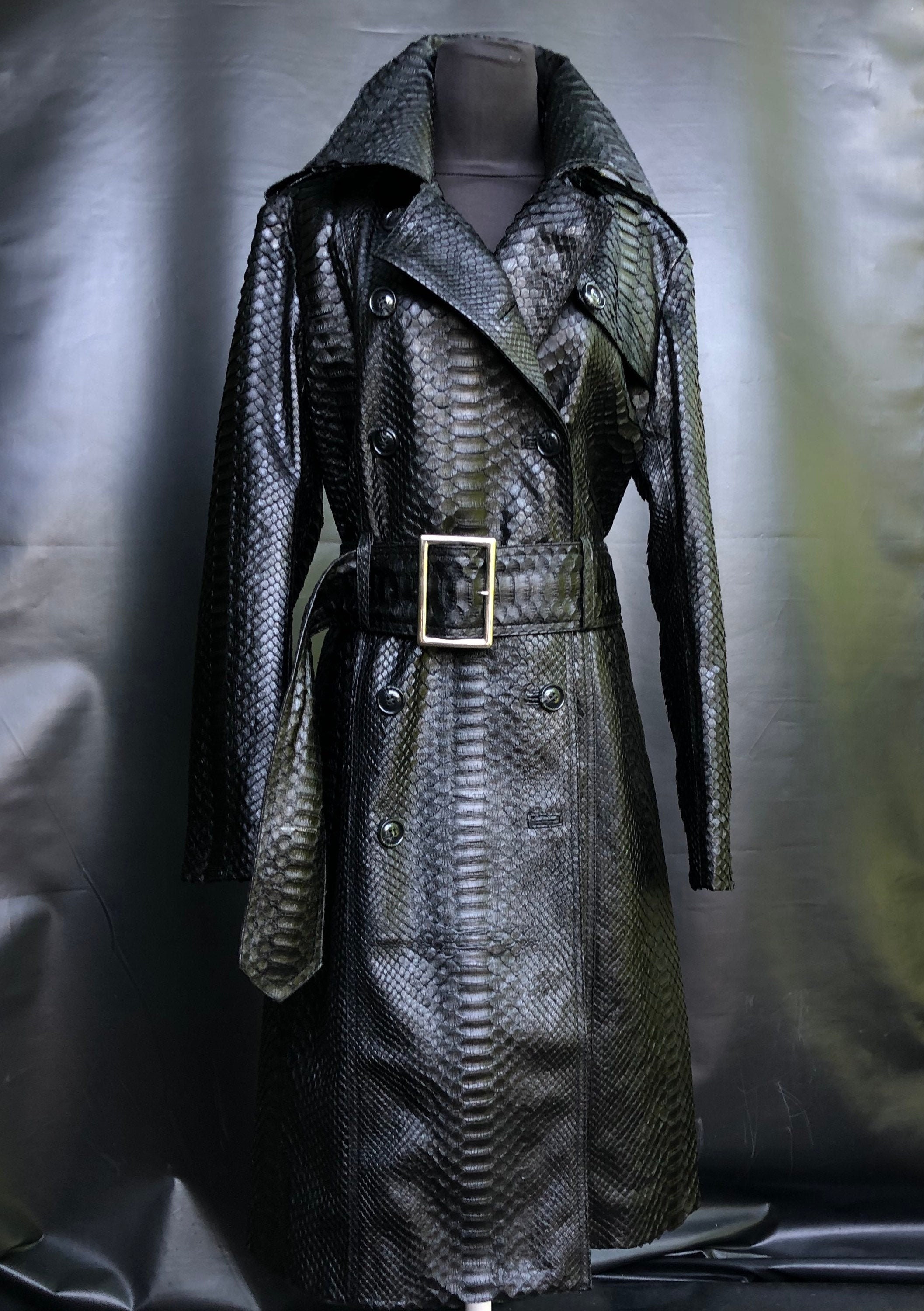 Black Snakeskin Women's Coat, Trench Leather Coat, Long Black Snakeskin Women's Coat, Trench Leather Coat, Long