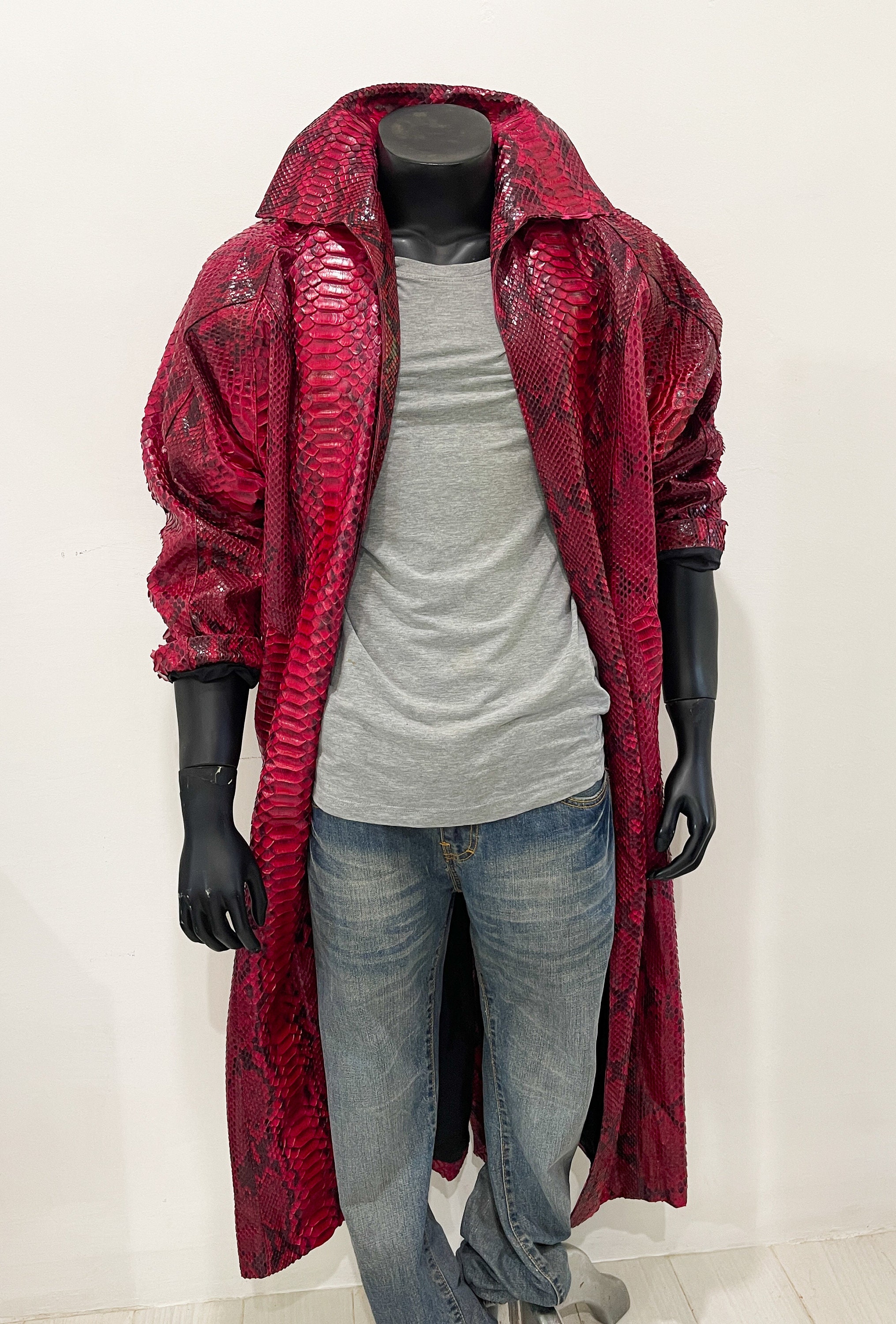 Man’s Snakeskin Coat, Dragon Python Leather Coat, Man’s Red Leather ...