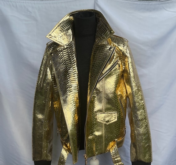 Golden Snakeskin Jacket, Python Leather Moto Style Jacket