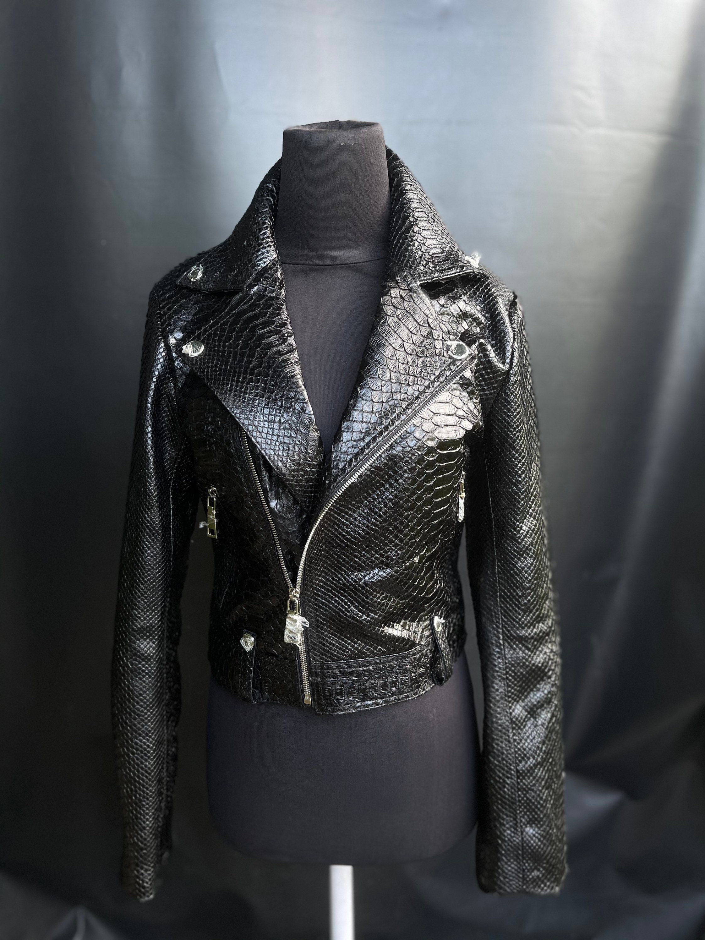 Biker Snakeskin Jacket Glossy Finish Python Leather Jacket | Etsy