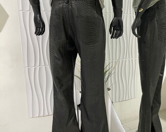 Python Leather Flared Pants, Snakeskin Pants, Black Leather