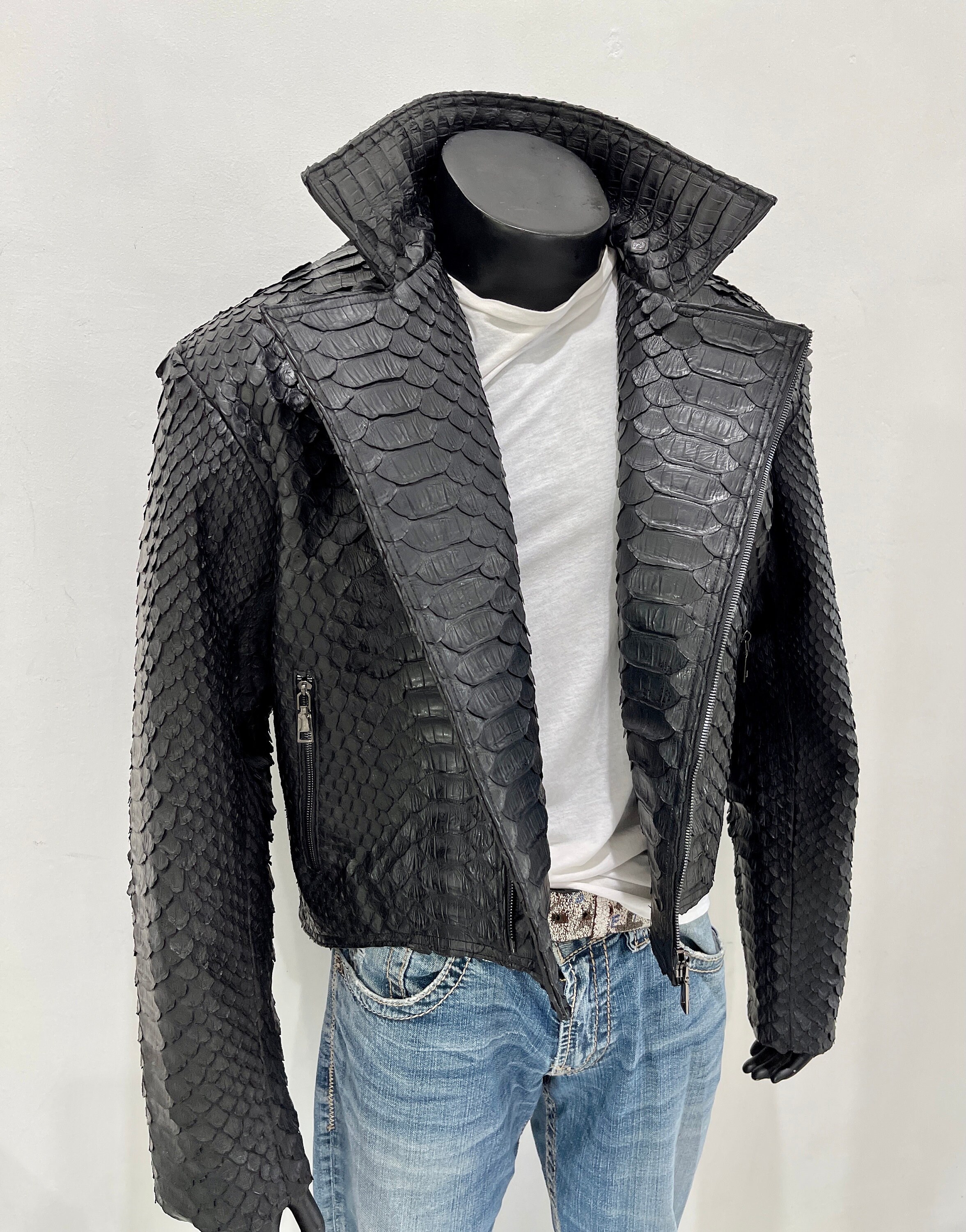 Orange-Toned Biker Jacket with Snakeskin Effect