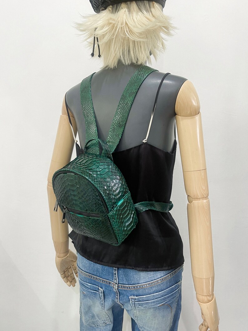 Peut inclure: Un sac &agrave; dos en cuir de serpent vert avec des bretelles r&eacute;glables. Le sac &agrave; dos a une fermeture &agrave; glissi&egrave;re et une petite poche sur le devant.