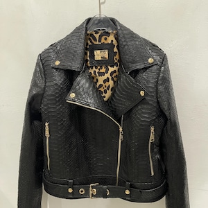 Woman&#39;s Snakeskin Jacket, Black Python Leather Biker Jacket, Motorcycle Leather Jacket, Genuine Python Leather Blazer