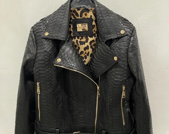 Woman's Snakeskin Jacket, Black Python Leather Biker Jacket, Motorcycle Leather Jacket, Genuine Python Leather Blazer