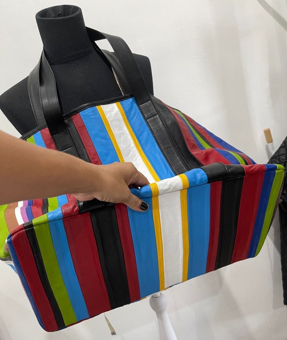 Multicolor Leather Shopper Lamb Skin Tote Bag Big Leather Shoulders Bag Rainbow Leather Bag Striped leather bag Striped handbag Etsy