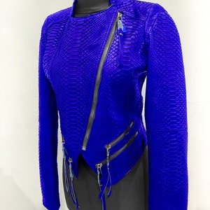 K&ouml;nnte beinhalten: Eine blaue Lederjacke mit Schlangenhautmuster und mehreren Rei&szlig;verschl&uuml;ssen. Die Jacke hat einen Stehkragen und lange &Auml;rmel.