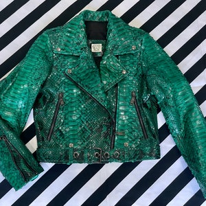 Green Snakeskin Jacket, Womens Python Leather,Biker Snakeskin Jacket, Emerald Leather Jacket image 7