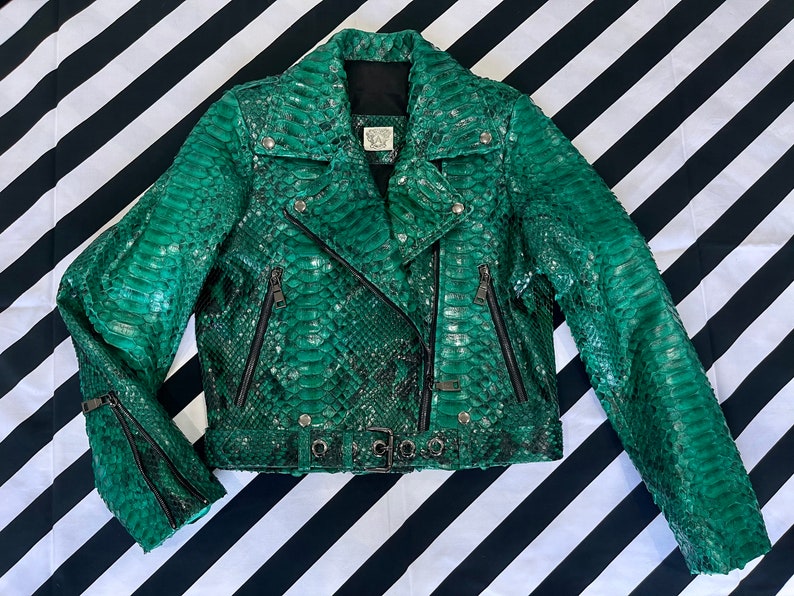 Green Snakeskin Jacket, Womens Python Leather,Biker Snakeskin Jacket, Emerald Leather Jacket image 7