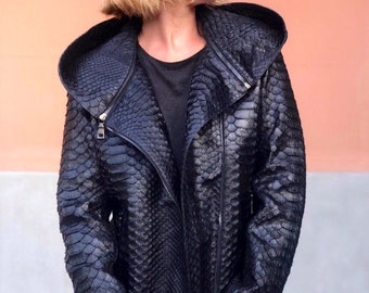 Dragon python leather jacket, Hooded Women's snakeskin jacket, King python jacket, Black Leather Jacket, Oversize leather jacket
