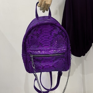 May include: A small purple snakeskin backpack with a silver chain strap.