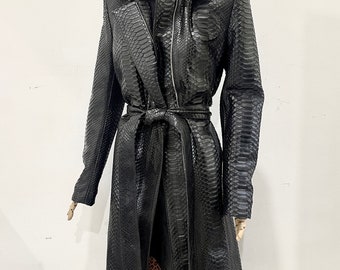 Snakeskin Long Women's Coat, Long Python Leather Trench, Black