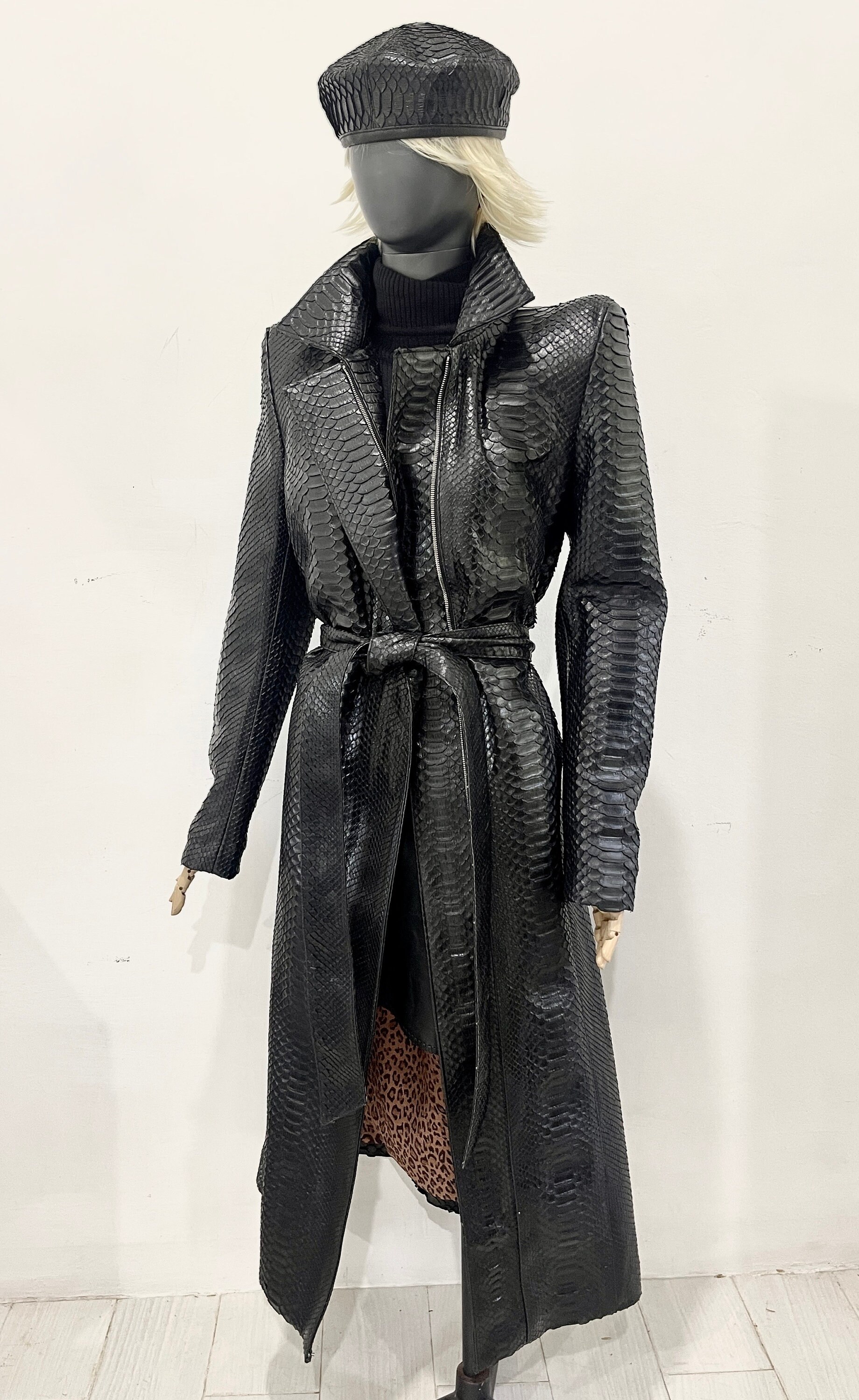 Snakeskin Long Women's Coat, Long Python Leather Trench, Black