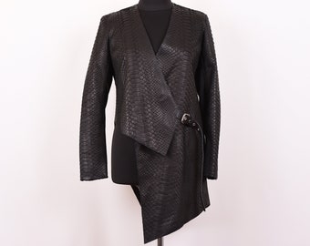 Woman's Black Snakeskin Jacket, Python Leather Jacket, Snakeskin Coat, Black Leather Blazer, Snakeskin Asymmetric Jacket