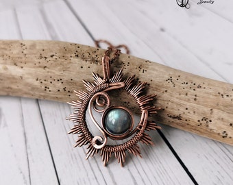 Black Sun Stone Moon Copper Bison Pendant