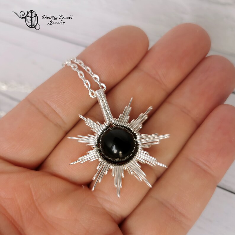 Obsidian Necklace Sun Necklace Star necklace Wire wrapped gemstone pendant Wire weave boho jewelry Sunburst necklace Elven necklace.