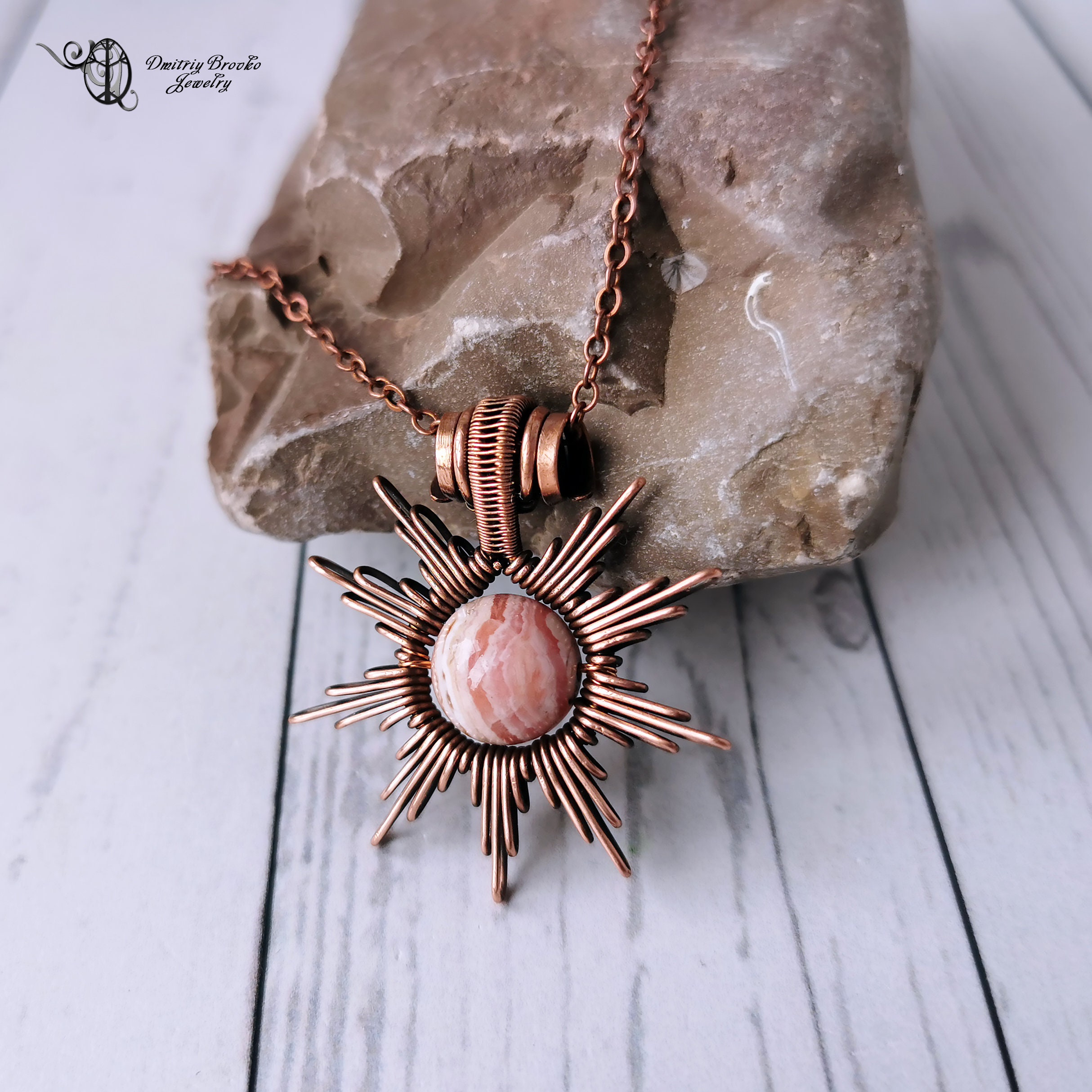 Sun necklace. Wire wrapped copper pendant with Rhodochrosite Etsy